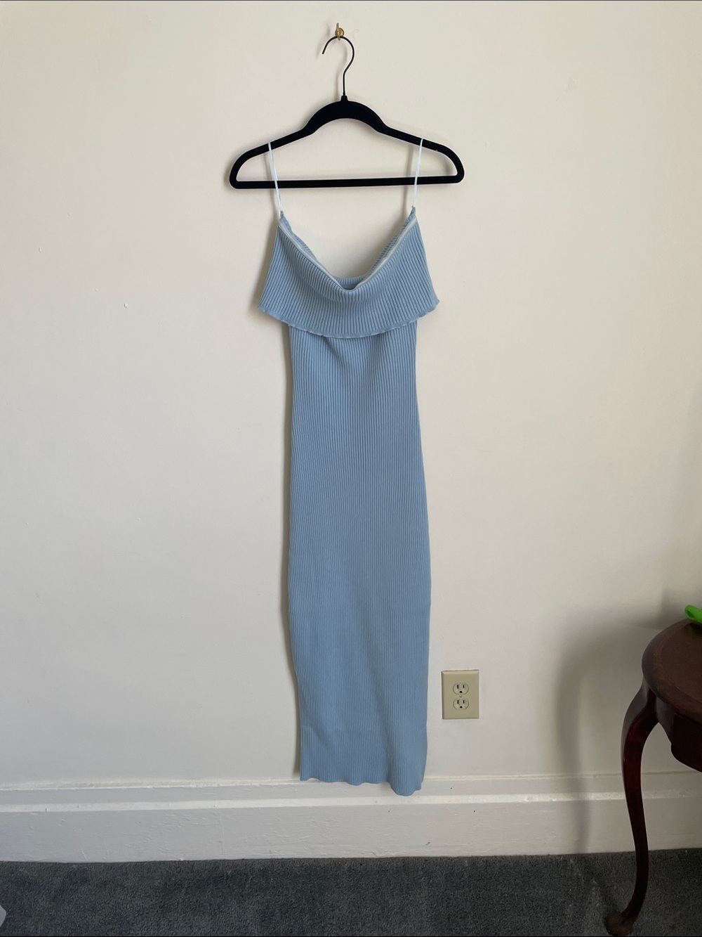 Slim Ribbed strapless Neck Slip Dress in Pale Blue